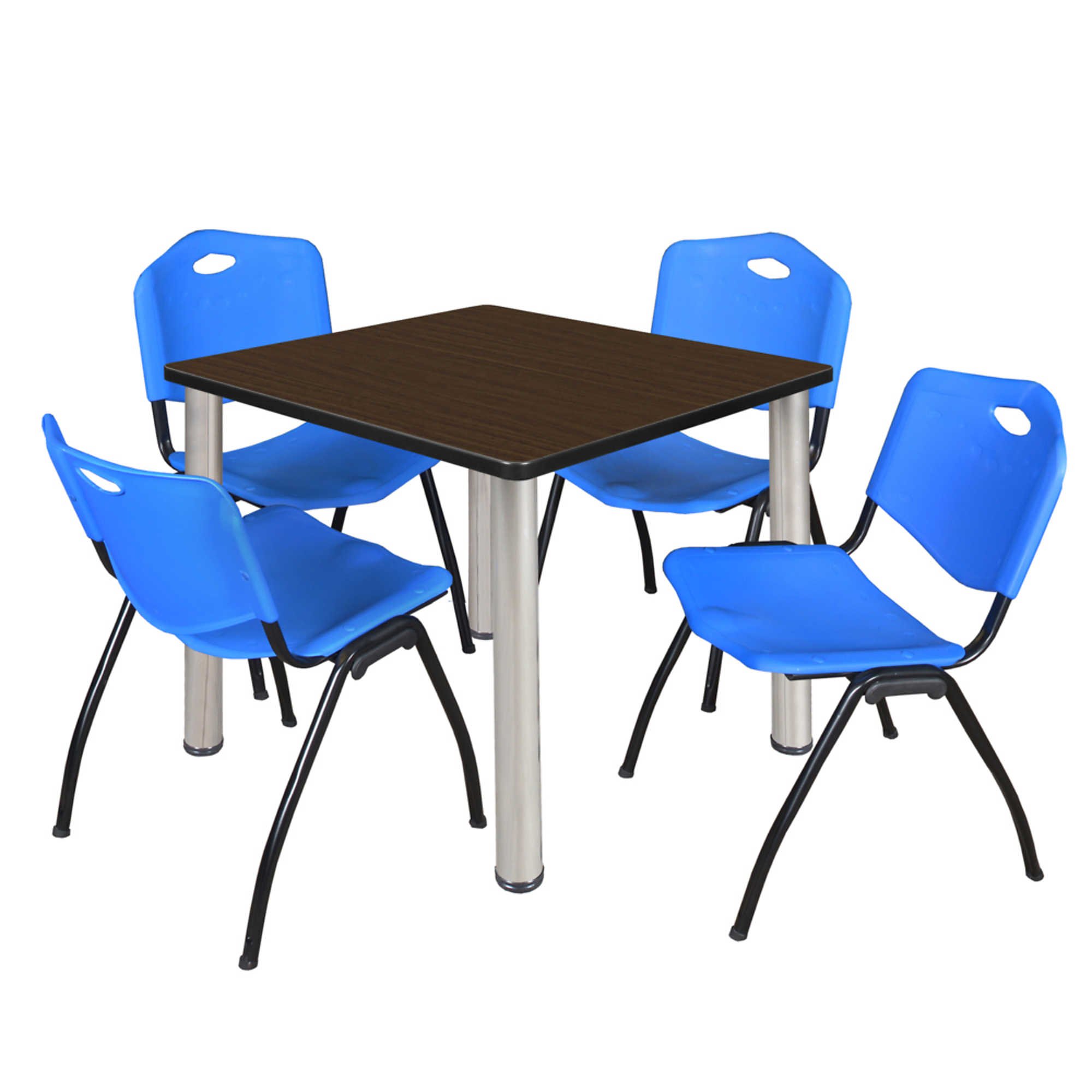 Regency Kee Square Breakroom Table and 4 'M' Stack Chairs Set — 36in. Table, Neo Walnut/Chrome, Blue Chairs, Model# TB3636NWBPCM47BE